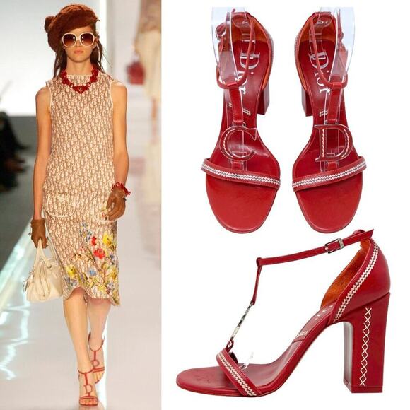 Dior 2005 Red Leather Logo Embroidered Block Heel Sandals- John Galliano Era - Picture 2 of 10